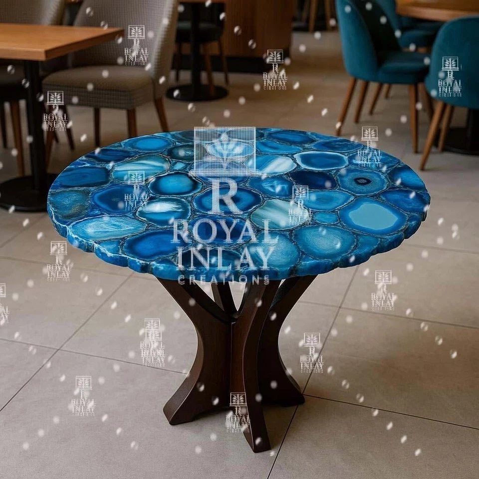 Round Blue Agate Stone Dining Table | Natural Crystal Slice Top | centre Table - Image 2 of 4