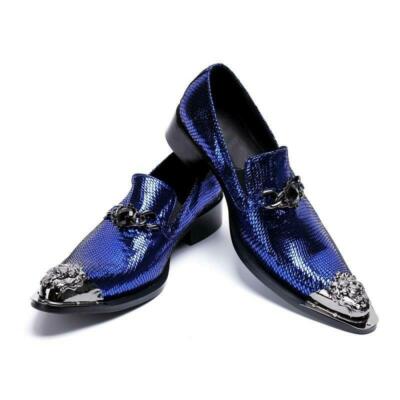 Mens Metal Pointy Toe Slip On Formal Shoes Low Block Heels