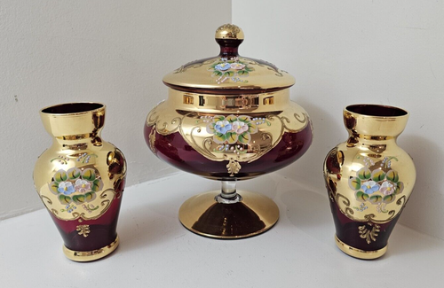 VENETIAN RED MURANO GLASS CANDY DISH W/ LID & TWO VASES TRE FUOCHI CENTERPIECE - Picture 24 of 24