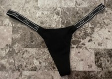 NWT VICTORIA'S SECRET PINK BLACK MICRO TINY LOGO SIDE STRAPS THONG PANTIES
