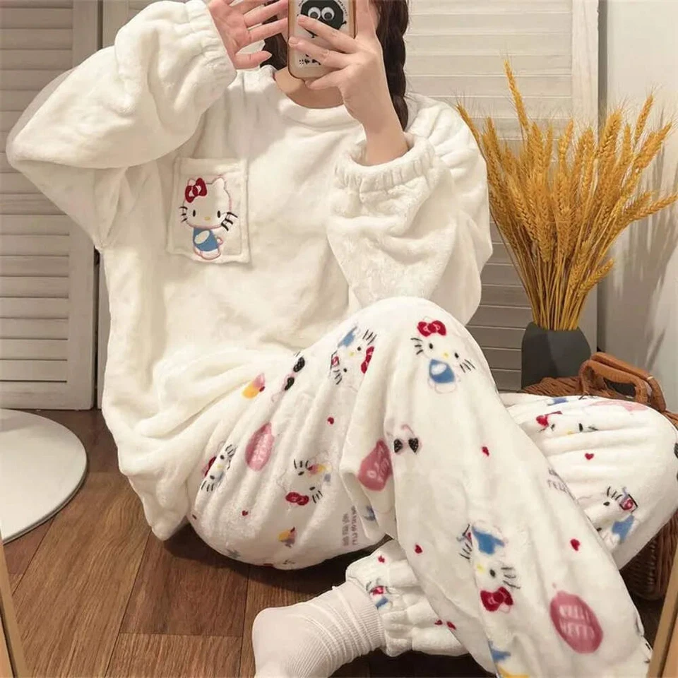Sanrio Hello Kitty Flannel Pajamas Women Warm Plus Thicken Velvet Cartoon Casual - Image 3 of 4