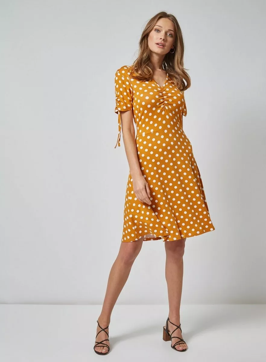 Dorothy Perkins Ochre Yellow Spot Print Ruched Fit and Flare Jersey Dress