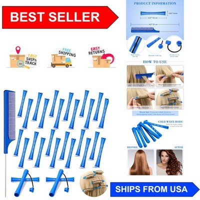 Innovative Hair Curling Set with 24 Perm Rods & Precision Rat Tail Comb, Blue