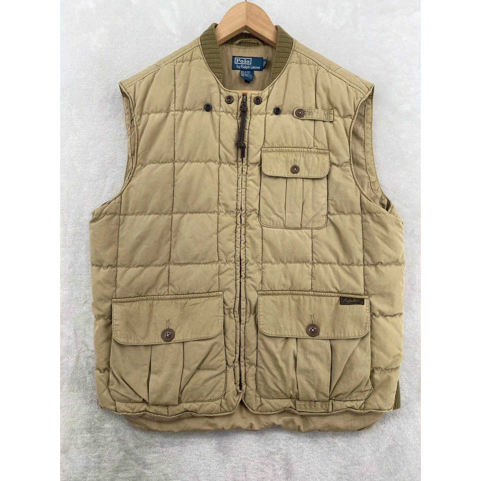 Polo Ralph Lauren Quilted Fishing Vest Mens Large Tan Khaki Utility Gorpcore Zip