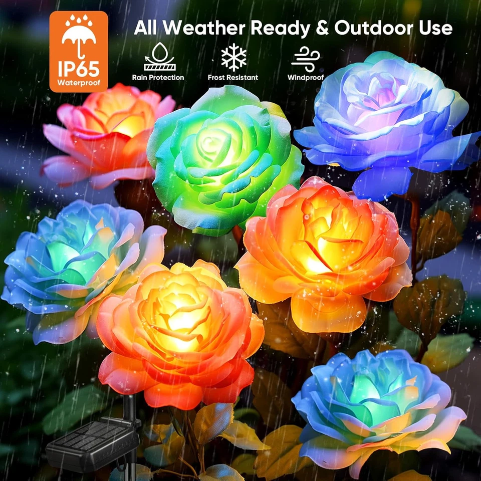 Solar Flower Lights Outdoor Waterproof: 4 Pack 7-Color Changing LED Rose Stake D - Image 3 of 4