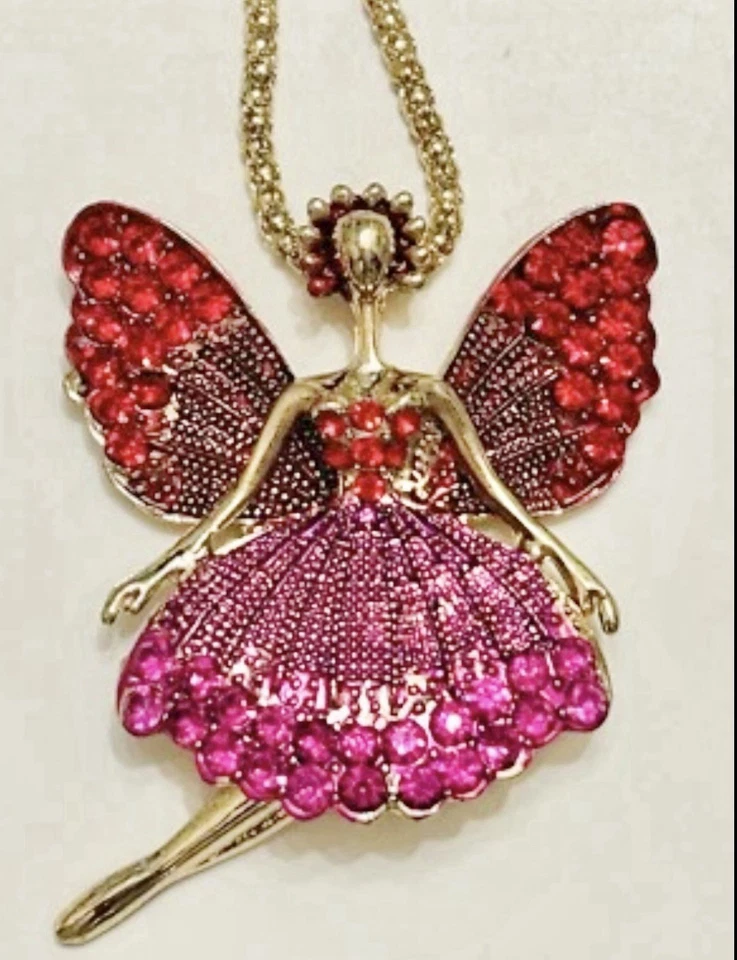 Collar Colgante Betsey Johnson Cristal Rojo MÓVIL Niña Ballet Hada Ángel Nuevo con Etiquetas Foto 4 de 4
