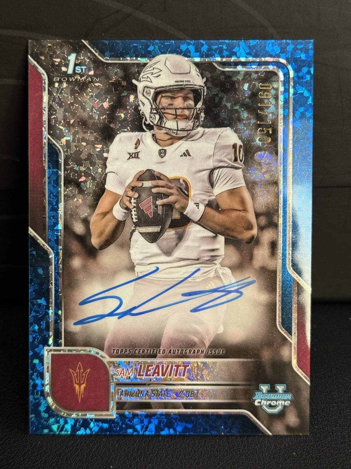 2025 Bowman Chrome University Sam Leavitt 91/150 Blue Auto 1st Mini Diamond