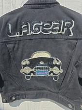 Vintage L.A. Gear Denim Jacket Sequin Car Logo Black Cropped Shoulder Pads M