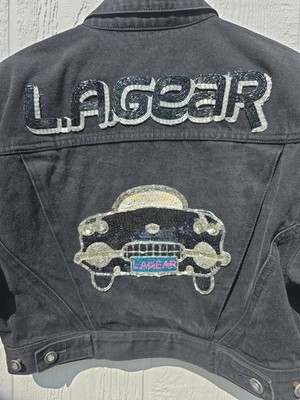 Vintage L.A. Gear Denim Jacket Sequin Car Logo Black Cropped Shoulder Pads M