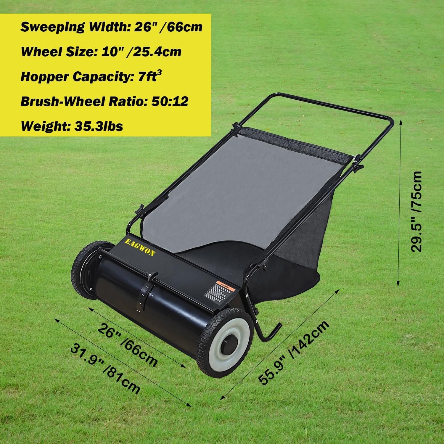 Push Lawn Sweeper,26-Inch Width,7 Cu. Ft.Hopper Capacity,4 Spinning Brushes,Adju