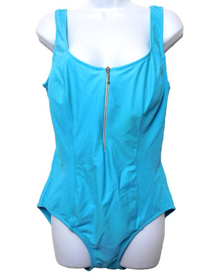 Sand N Sun One Piece Swimsuit Plus 1X Aqua Blue Zip Front Shelf Bra Modest
