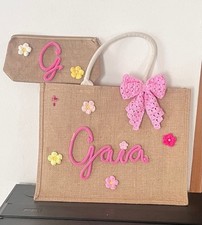Borsa, pochette, juta personalizzabile,tricotin, fiocco uncinetto,personalizzato