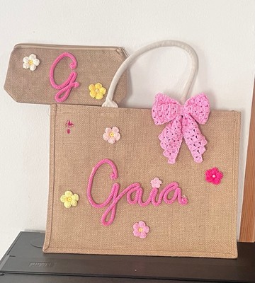 Tasche, Clutch, Jute personalisierbar, Strick, Häkelschleife, personalisiert