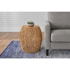 Brisbane Natural Woven Accent Table with round Wood Drum Design (19.7 In. W X 21