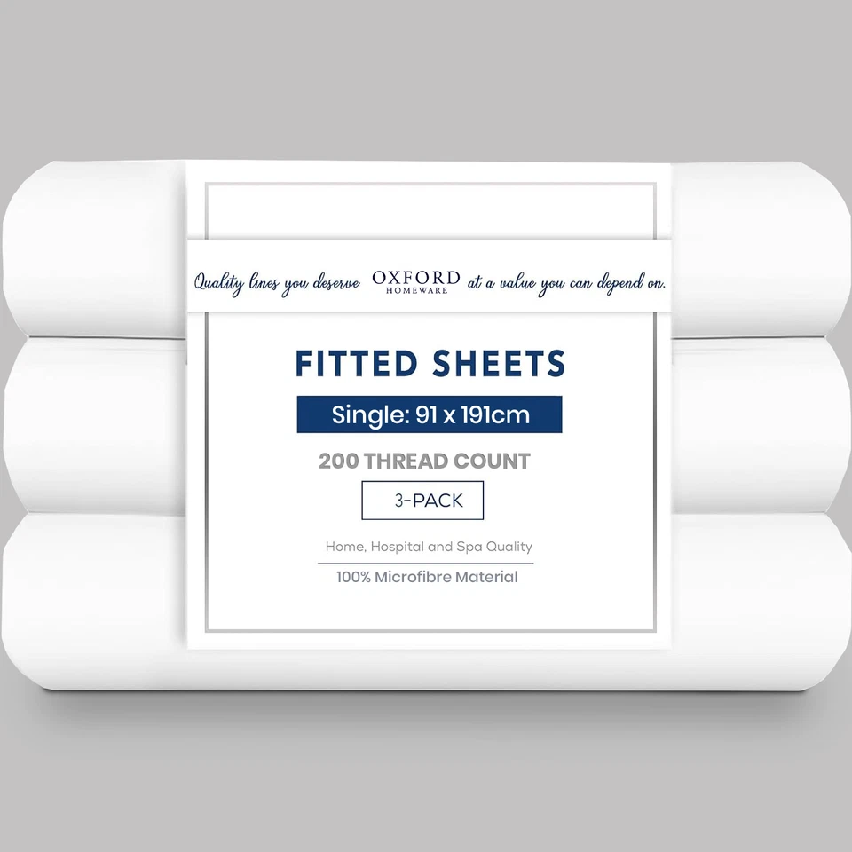 OXFORDHOMEWARE White Classic 40cm Fitted Hospital Bed Sheets Set of 3 Easy Care Single Sheets