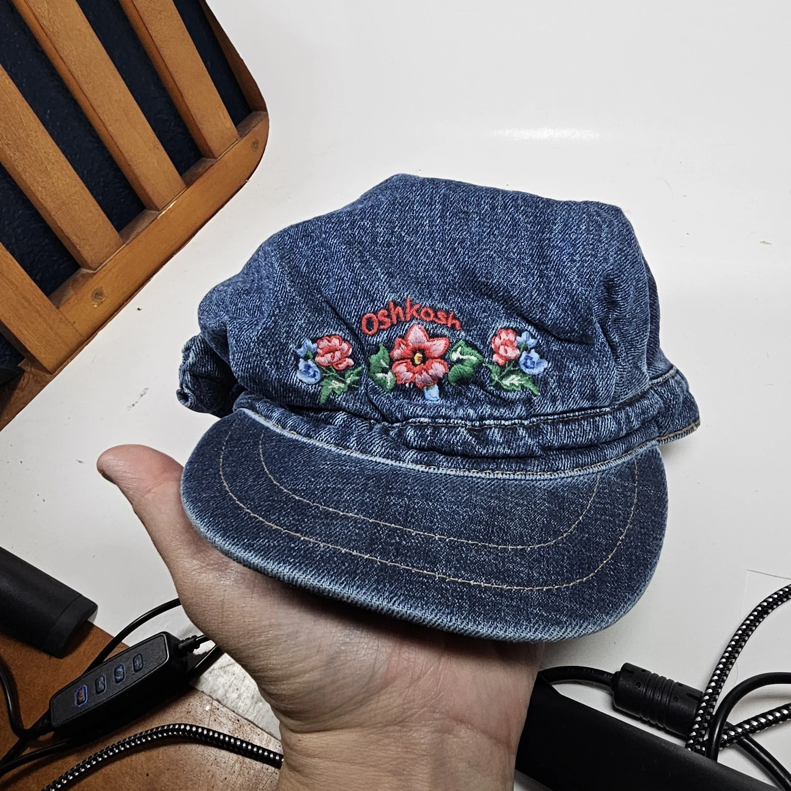 Vtg Oshkosh B Gosh kids Hat Toddler Spell Out Floral Conductor Cap Bill Broke