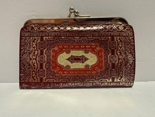 Vintage Italian Leather Red and Gold Clutch Purse Kisslock Clean NICE