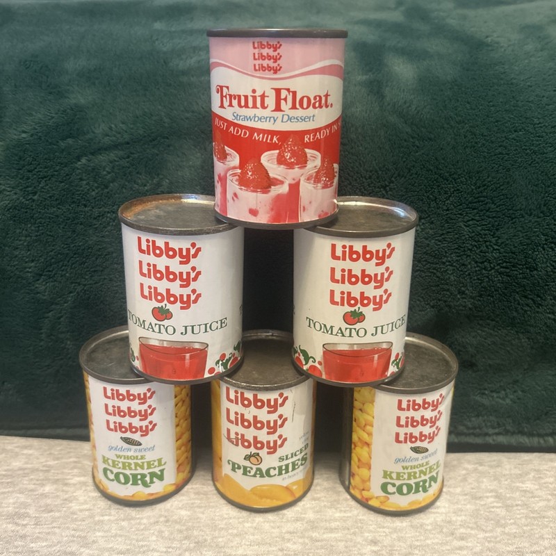 💥 6 Vintage 1970's Tin Can Play Food Grocery Store Items Libby's 