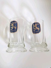 2 LOWENBRAH Vintage Beer Mugs Very Heavy Solid Mugs 6" - Deep Blue Lion Emblem 