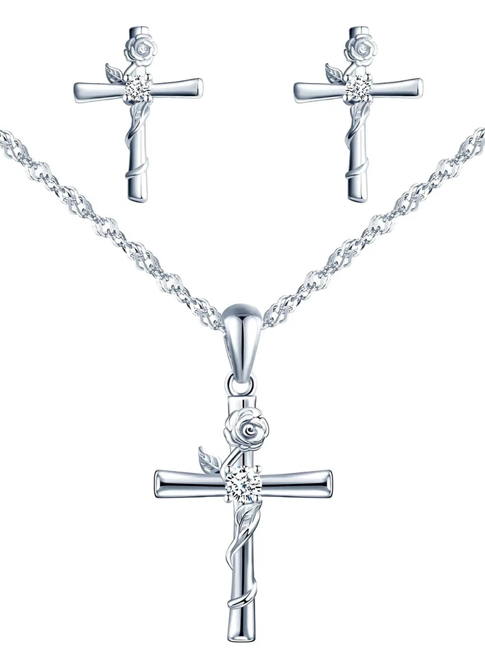 Damen Halskette Ketten Ohrringe Schmuck Sets 925 Sterling Silber mit Kreuz Ro...