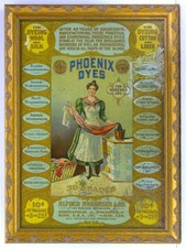 ca1895 PHOENIX DYES TIN LITHOGRAPH ADVERTISING SIGN BEAUTIFUL WOMAN DYING FABRIC