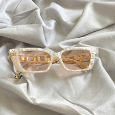 Y2K Rectangular Sunglasses Cream Ivory Frame  Gold Chain Detail  Retro Style