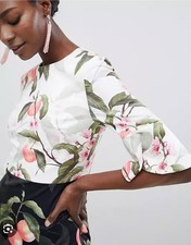 Ted Baker Peach Blossom Floral Print Areea Ruffle Bodycon Midi Dress Size 2 10