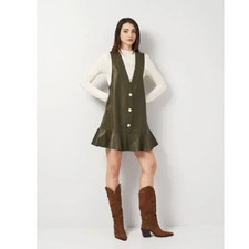 Zara Olive Green Faux Leather Vest Dress Women Size Medium Retro Flounce Button