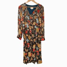 Sezane Titiane Dress Size 36 US 4 Black Floral Midi Long Sleeve V-Neck