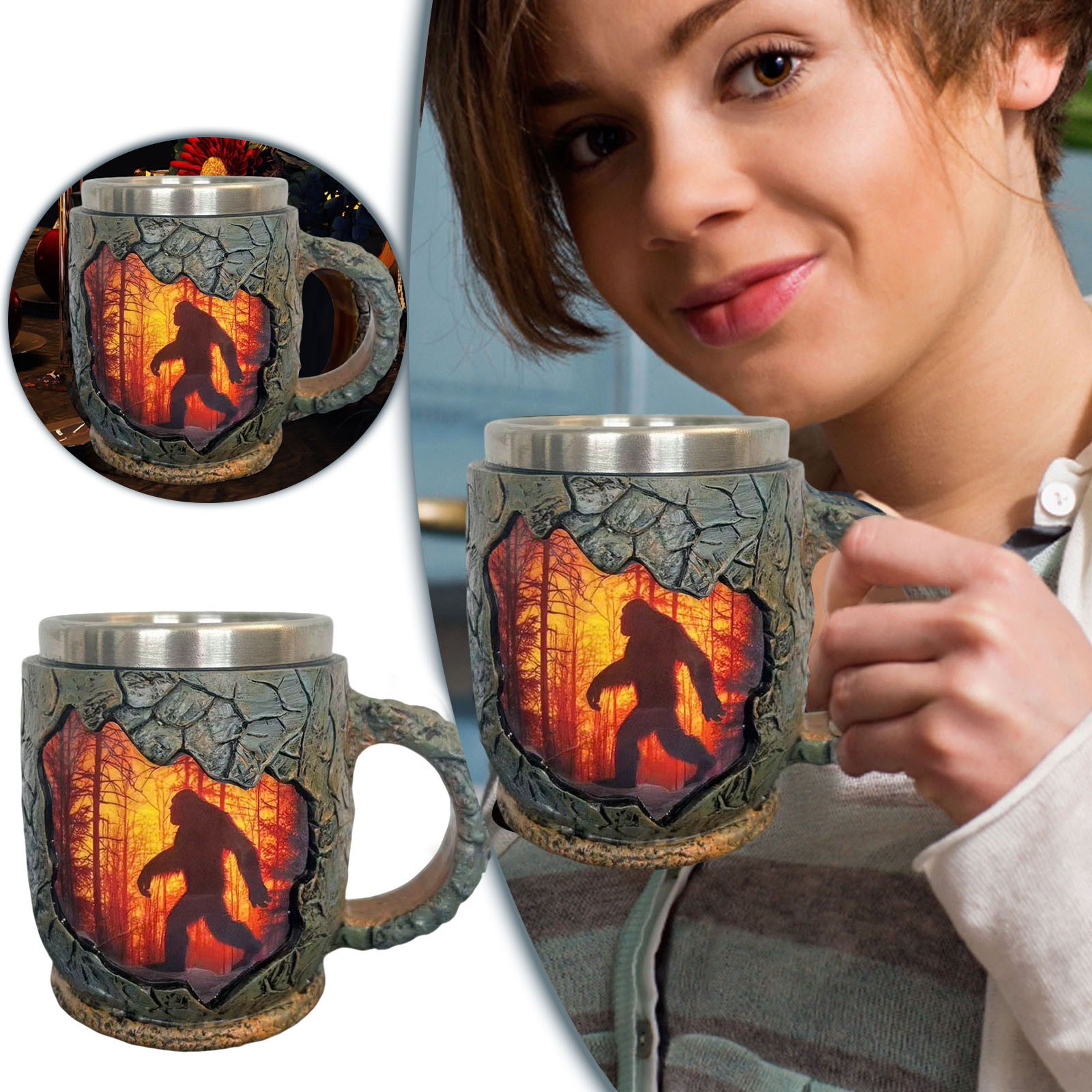 Forest Fire Sasquatch Mug 3D Relief Vintage Sasquatch Themed Coffee Cup