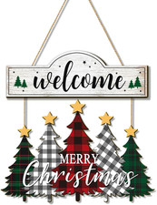 Merry Christmas Wreaths for Front Door Wood Tree Welcome Hanging Sign Xmas Wall