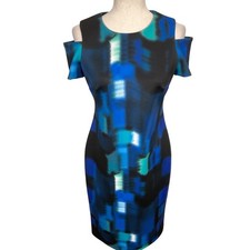 Calvin Klein Dress Womens 6 Blue Teal Abstract Cold Shoulder Bodycon Sheath