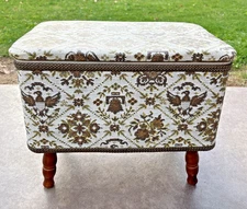 Vintage Redmon Storage Ottoman Sewing Box / Foot Stool Wood Legs Early American