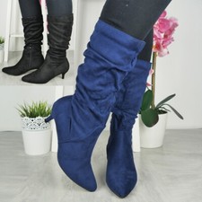 Ladies Mid Calf Boots Heel Zip Rouched Womens Fashion Slouched Winter Shoes Size