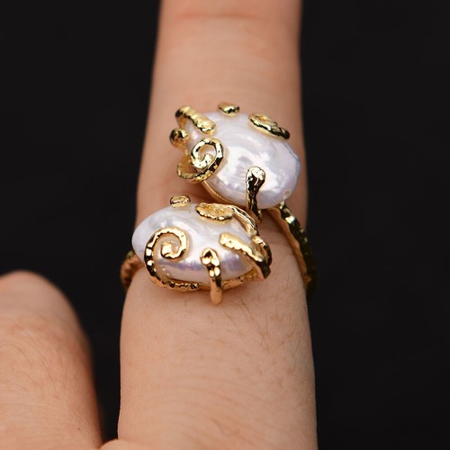 Cultured White Keshi Pearl Coin Pearl Adjustable Rings Gold Plated Metal Ring - Picture 7 of 8