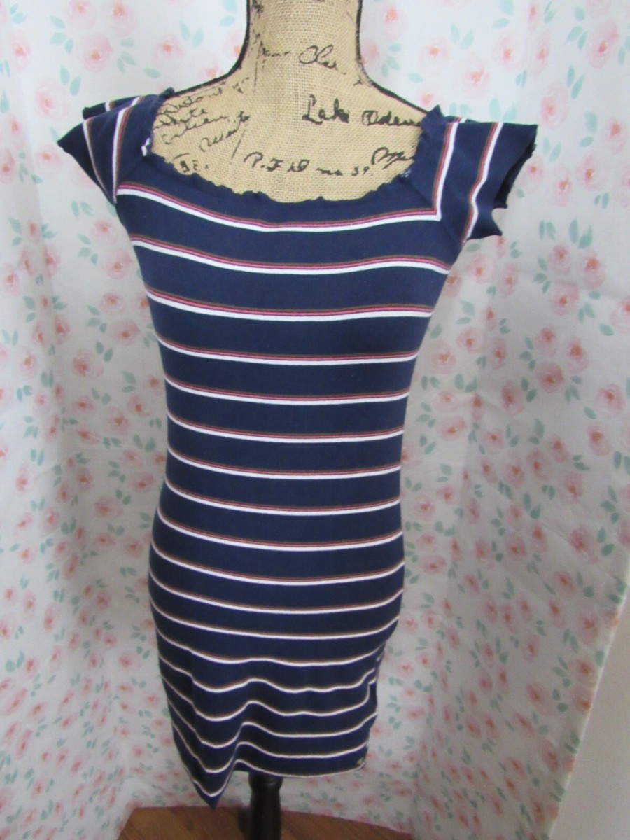 GUESS, JUNIOR'S NAVY BLUE/RED COTTON BL CAPPED SLEEVED STRIPED PENCIL DRESS SZ M