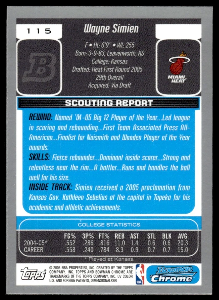 2005-06 BOWMAN CHROME ROOKIE CARD Wayne Simien Miami Heat #115 - Image 2 of 2
