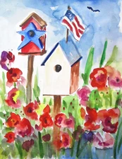 American Bird House by Delilah 12x9 watercolor original impressionism art