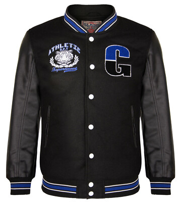 Herren schwarz Baseball schwarz PU Leder Ärmel Varsity Letterman Abzeichen Jacke