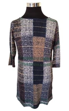 Jella Couture Lined Dress Women's Size Medium Navy Blue Plaid Knit Colorblock