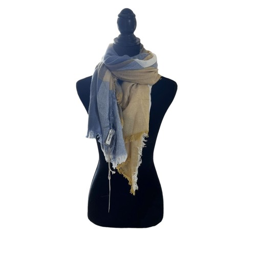 Macchia Di Ruggine Woman One Size Plaid Blue Mustard Fringe Shawl Scarf - Picture 3 of 5