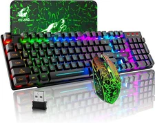 Wireless Gaming Keyboard and Mouse Combo Rainbow LED Backlit Rechargeable Black