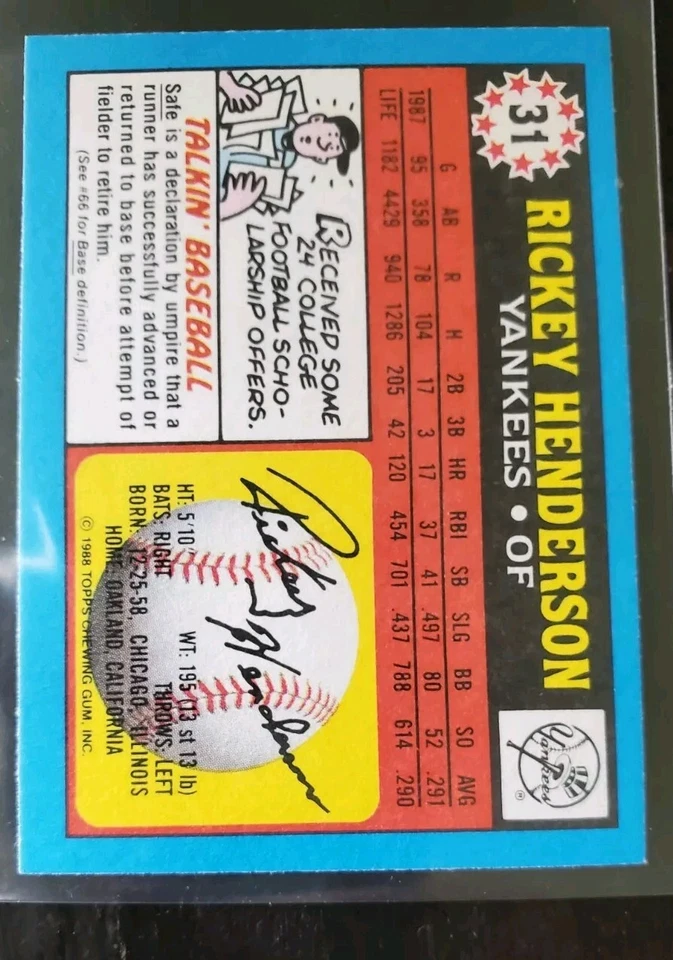 Rickey Henderson 1988 Topps American Baseball #31 HOF Yankees - Image 2 of 2