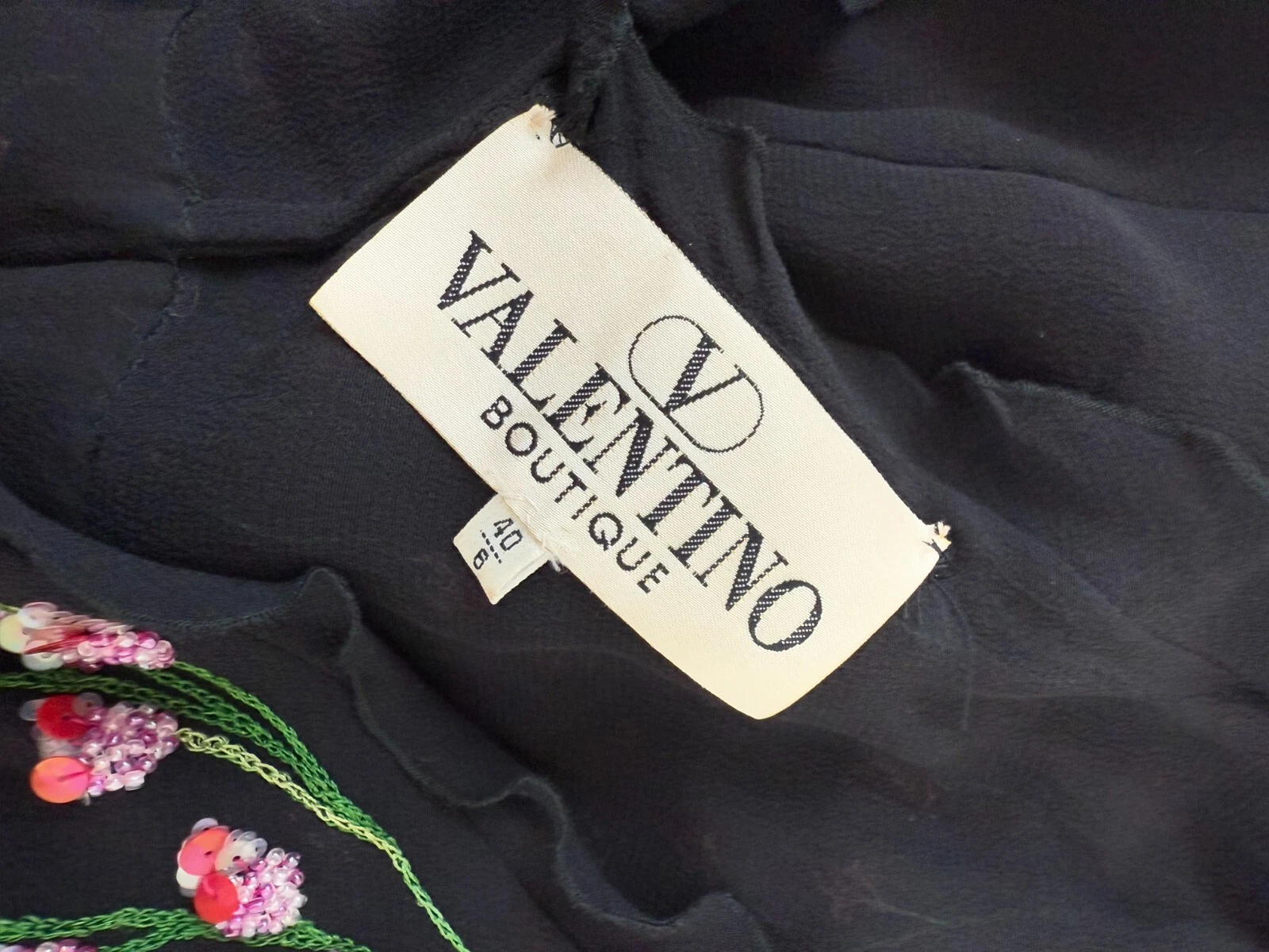 VALENTINO BOUTIQUE maxi abito vintage nero seta floreale perline ricamate volant