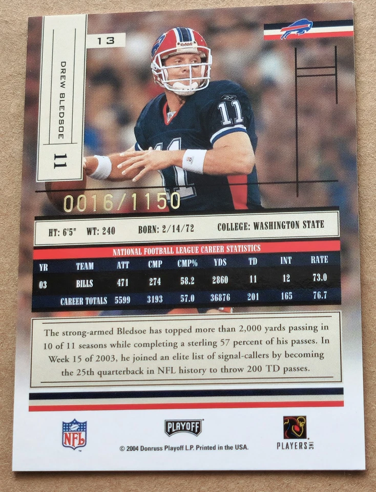 2004 Playoff Absolute Memorabilia 16/1150 Drew Bledsoe #13 Buffalo Bills  - Image 2 of 2