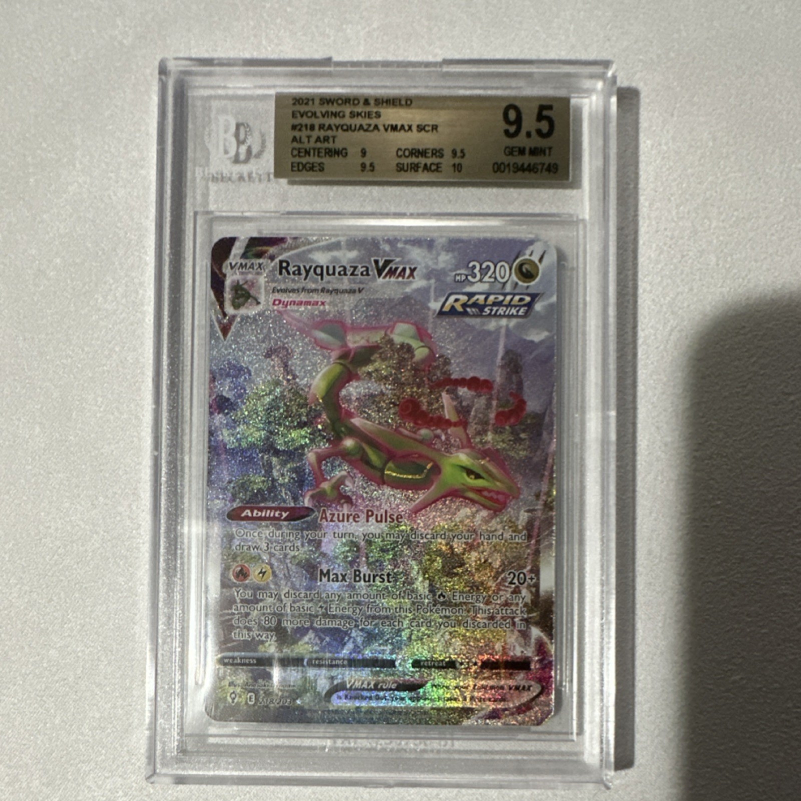 Pokémon Rayquaza VMAX Alternate Art Secret Rare 218/203 Evolving Skies BGS 9.5