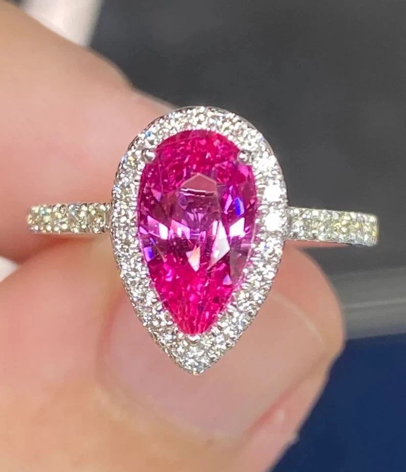 4Ct Pear Cut Natural Pink Sapphire  Diamond Wedding Ring 14K Solid White Gold 7 - Image 4 of 4