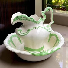 Vintage Arnel's Ceramic Water Basin Bowl & Pitcher Large Cream Green