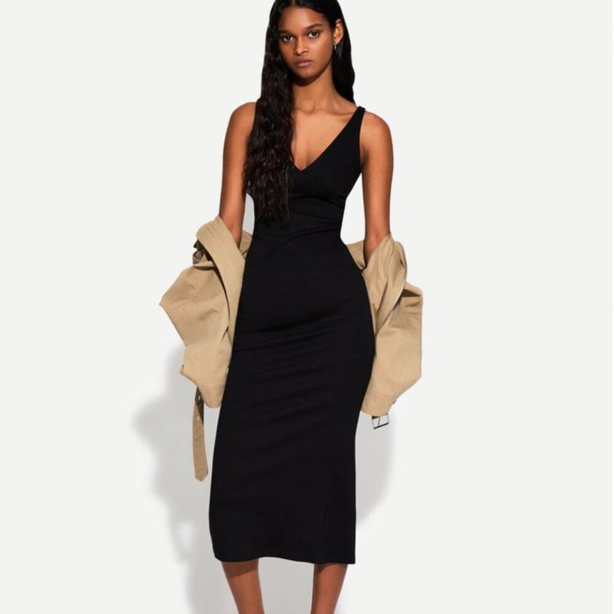 Bershka strappy ribbed midi dress black M