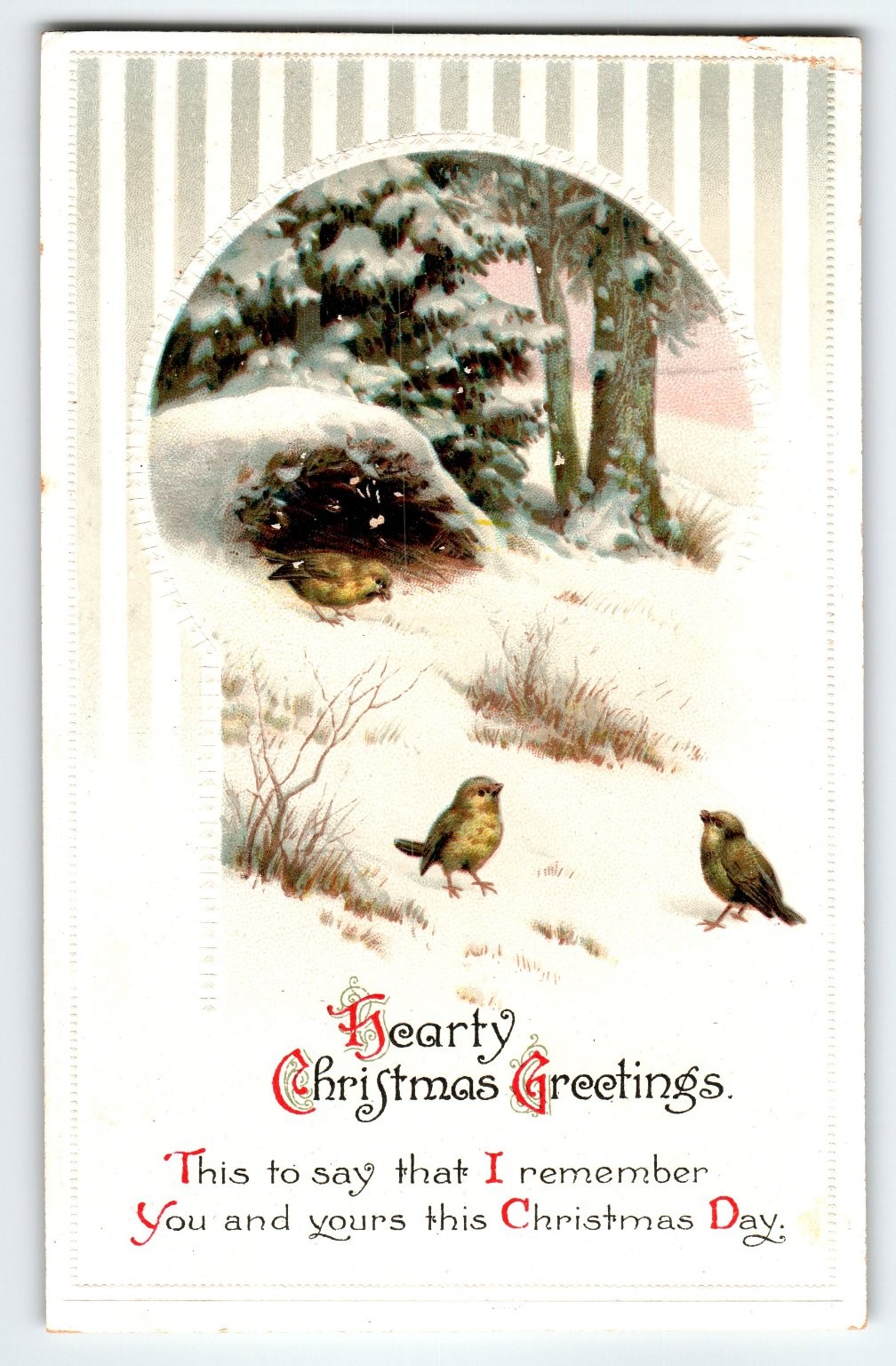 Vintage Christmas Postcard with Winter Birds & Hearty Greetings
